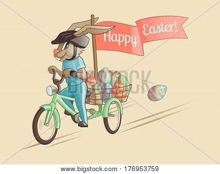 Rabbit driver of Easter eggs. Vector illustration.