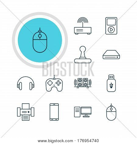 Vector Illustration Of 12 Gadget Icons. Editable Pack Of Headset, PC, Modem And Other Elements.