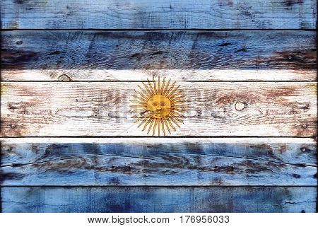 Flag of Argentina painted on grungy wood plank background