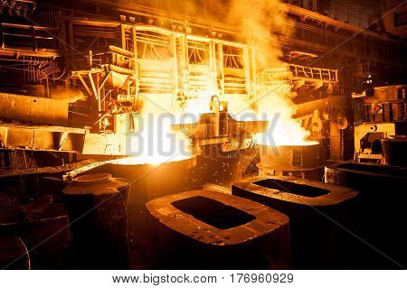 Liquid steel in the tanks. Production process