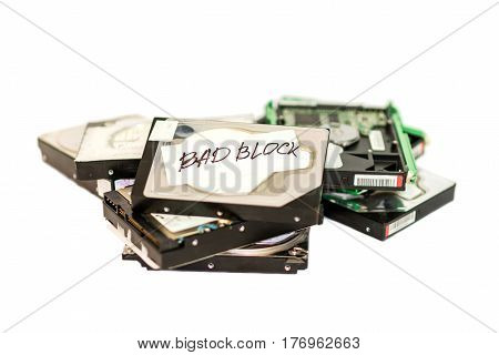 Stack Of Broken Hard Disk Drives. Isolated