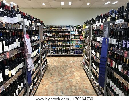 READING - MARCH 12, 2017: Bottles of Champagne and Sparkling Wine for sale at Marks and Spencer (M&S) Simply Food in Lower Earley, Reading, Berkshire, UK.