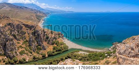 Aerial panoramic view of Preveli palm beach and lagoon near Rethymno in Crete,  Greece, Mediterranean