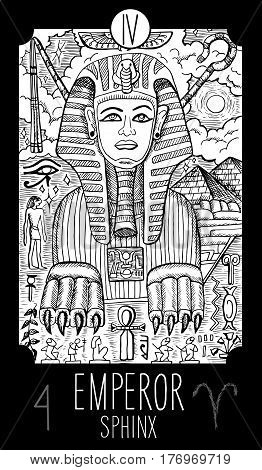 Emperor. 4 Major Arcana Tarot Card. Sphinx. Fantasy engraved line art illustration. Engraved vector drawing. See all collection in my portfolio set