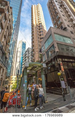 Hong Kong, China - December 4, 2016: Central-Mid-levels escalator, a system of escalators and walkways connecting Central to Western District, between Staunton and Shelley St in dining and bar area.