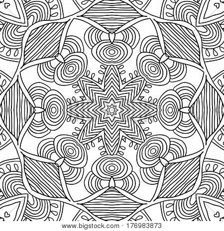 Black and white abstract pattern with leaves and flowers. Doodle. Hand drawn zentagles. Coloring book. Mandala.