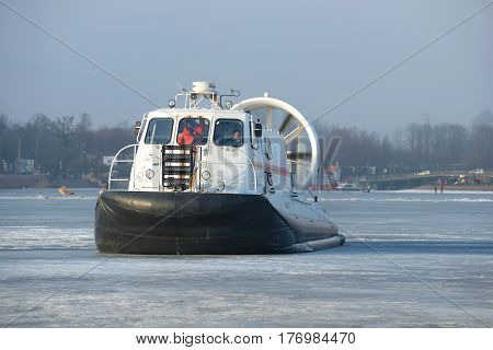 SAINT PETERSBURG, RUSSIA - MARCH 12, 2017: Rescue hovercraft EMERCOM of Russia Khivus-20 on the frozen Neva on a March day