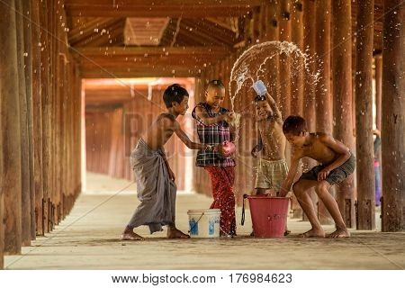March 10 2016 SalayMandalay Myanmar Burmese children are Songkran fun and exciting.