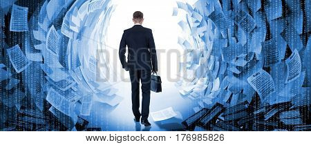 Office worker goes in passage between the walls of paper documents. Young businessman in suit with briefcase is finding exit from information whirlwind. Businessman finds a solution to the problem of hard office work.