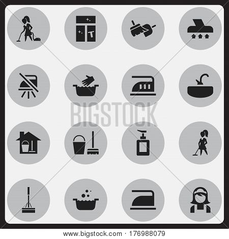 Set Of 16 Editable Dry-Cleaning Icons. Includes Symbols Such As Washing Glass, Floor Dusting, Notice And More. Can Be Used For Web, Mobile, UI And Infographic Design.