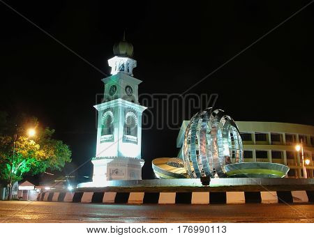 GEORGE TOWN MALAYSIA - 07 DECEMBER 2010 : Night view of Jubilee Clock Tower in George Town Penang Malaysia historical city centre has been listed as a UNESCO World Heritage Site