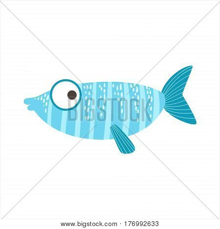Silly Stripy Blue And Light Blue Fantastic Colorful Aquarium Fish, Tropical Reef Aquatic Animal. Fantasy Underwater Marine Fauna Cartoon Sea Water Fish Isolated Vector Illustration.