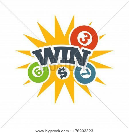 Yellow win badge in lottery with bingo numbers logo on white background. Xanthous explosion with three gaming balls, dollar sign and text of capital letters. Vector illustration graphic concept.