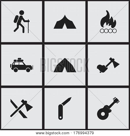 Set Of 9 Editable Camping Icons. Includes Symbols Such As Tomahawk, Gait, Clasp-Knife And More. Can Be Used For Web, Mobile, UI And Infographic Design.