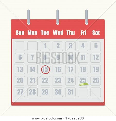 Red flip-flop calendar with gray numbers close-up on white background. Marks on dates circled in red or underlined by two green lines. Vector illustration with agenda and appointment date sign