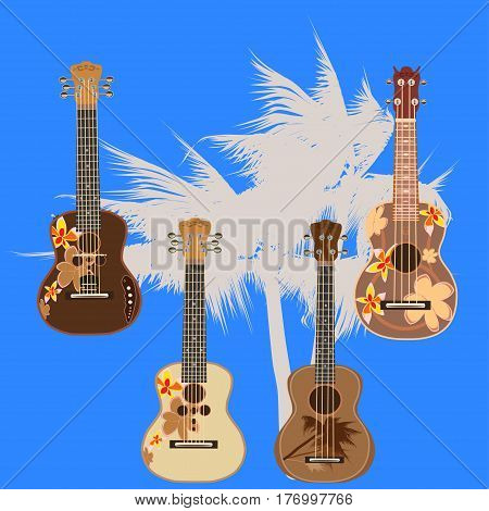 Vector set of hawaiian guitars. Traditional and electric ukulele string plucked musical instruments isolated in flat style.