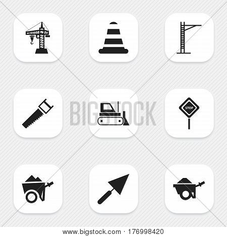 Set Of 9 Editable Building Icons. Includes Symbols Such As Warning Cone, Elevator, Hacksaw And More. Can Be Used For Web, Mobile, UI And Infographic Design.