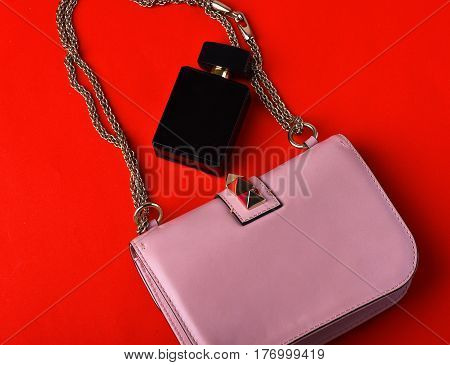 Small Womans Leather Pink Bag With Metallic Spikes, Chain, Perfume