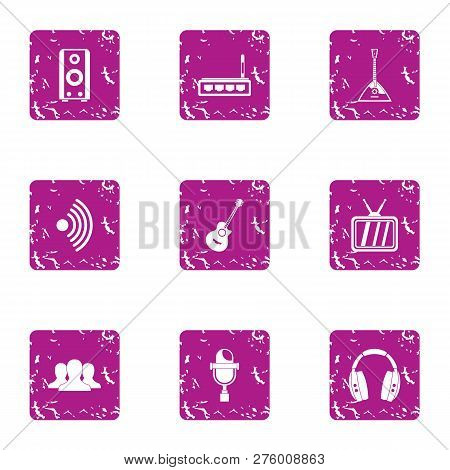 Music Transmission Icons Set. Grunge Set Of 9 Music Transmission Icons For Web Isolated On White Bac