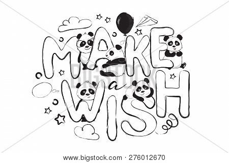 Happy Birthday Greeting Card Design With Cute Panda Bears And Quote Make A Wish