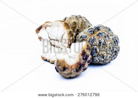 Close Up Of Raw Organic Sitaphal Or Sugar Apple Or Custard Apple Isolated On White.