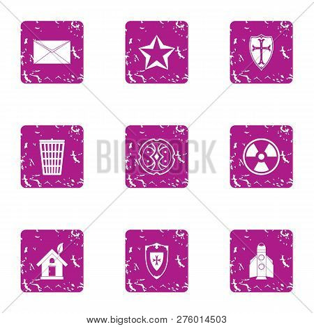 Prudence Icons Set. Grunge Set Of 9 Prudence Icons For Web Isolated On White Background