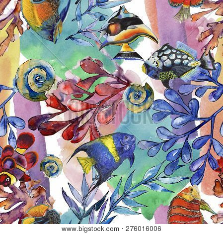 Watercolor Aquatic Underwater Colorful Tropical Fish Illustration Set. Seamless Background Pattern.