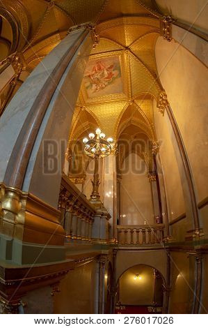 Budapest, Hungary - December 19, 2018: Interior Of The Parliament Of Budapest, The Seat Of The Hunga
