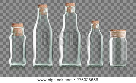 Realistic Transparent Clear Bottle With Cork Stopper Isolated