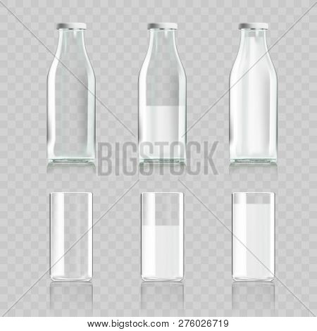 Realistic Transparent Clear Glass And Bottle Of Milk Isolated