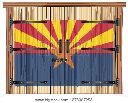 A Large Closed Wooden Barn Double Door With Bolt And Hinges And The Arizona Flag Painted On