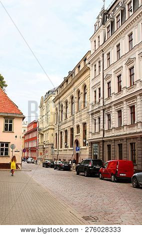 Riga, Latvia - August 28, 2018: View Of Old Buildings And  On Jekaba Street In Old Town