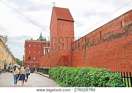 Riga, Latvia - August 28, 2018:  Fragment Of The City Wall And Ramera Tower On Torna Street