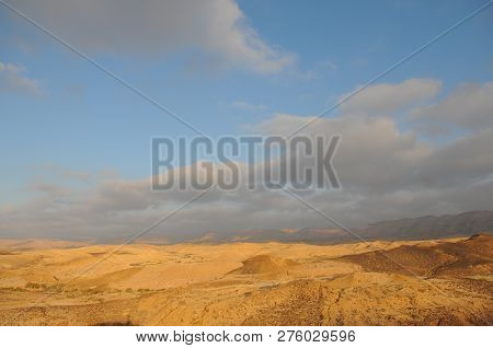 Desert Landscape At Sunrise. Hiking Desert Part Of Israel National Trail. Negev Desert . Valley. Col