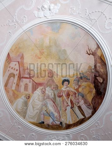 BRONNBACH, GERMANY - JULY 07, 2018: Ceiling frescoes with scenes from the life of St. Bernard of Clairvaux by Johann Adam Remele in Bernard Hall, Cistercian Abbey of Bronbach in Reicholzheim, Germany