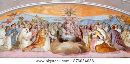 BRONNBACH, GERMANY - JULY 07, 2018: Virgin Mary, fresco by Johann Adam Remele in Bernard Hall, Cistercian Abbey of Bronbach in Reicholzheim near Wertheim, Germany