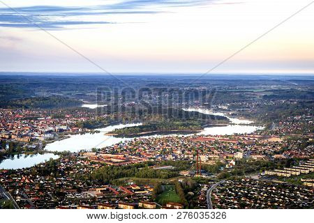 Silkeborg City In Denmark Seen From Above On A Beautiful Morning