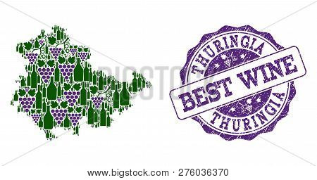 Vector Collage Of Grape Wine Map Of Thuringia State And Grunge Stamp For Best Wine. Map Of Thuringia
