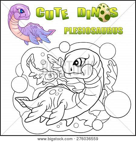 Cartoon Cute Dinosaur Plesiosaurus Coloring Book Funny Illustration