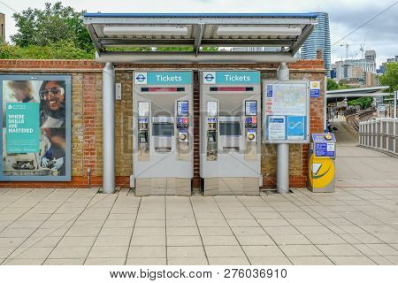 Mudchute, Isle Of Dogs, London, Uk - August 18, 2018: Ticket Machines Outside Mudchute Station On Th
