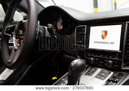 Moscow. November 2018. Removed From Steering Wheel Airbag. Porsche Panamera Repair Works, Examining 