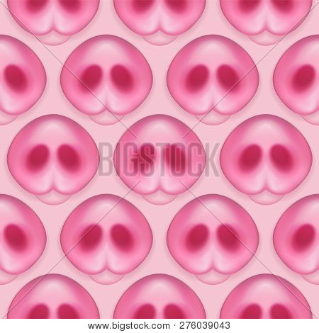 Pattern Of Pigs Noses. Cute Pigs Snout On Soft Pink Frame. Greeting Icon Of Chinese 2019 New Year.