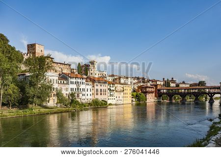 The Old Wooden Bridge Spans The River Brenta At The Romantic Village Basano Del Grappa