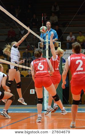 KAPOSVAR, 헝가리-11 월 25 일: Zsofia Horvath (레드 5) 헝가리 선수권 voll에서 행동