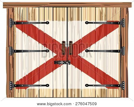 A Large Closed Wooden Barn Double Door With Bolt And Hinges And The Alabama Flag Painted On