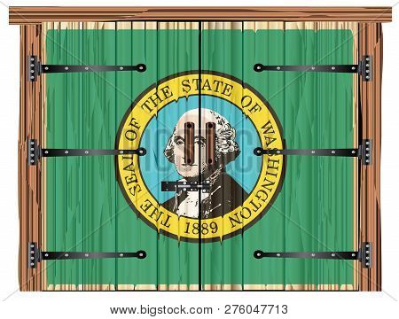 A Large Closed Wooden Barn Double Door With Bolt And Hinges And The Washington Flag Painted On