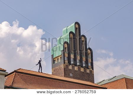 Mathildenhoehe With Russian Chapel And Wedding Tower In Darmstadt Under Blue Sky