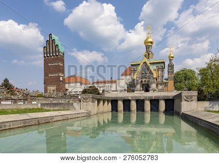 Mathildenhoehe With Russian Chapel And Wedding Tower In Darmstadt Under Blue Sky