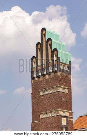Mathildenhoehe With Wedding Tower In Darmstadt Under Blue Sky