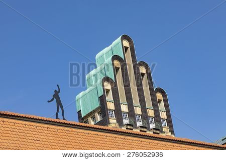 Mathildenhoehe With Wedding Tower And Man On Roof In Darmstadt